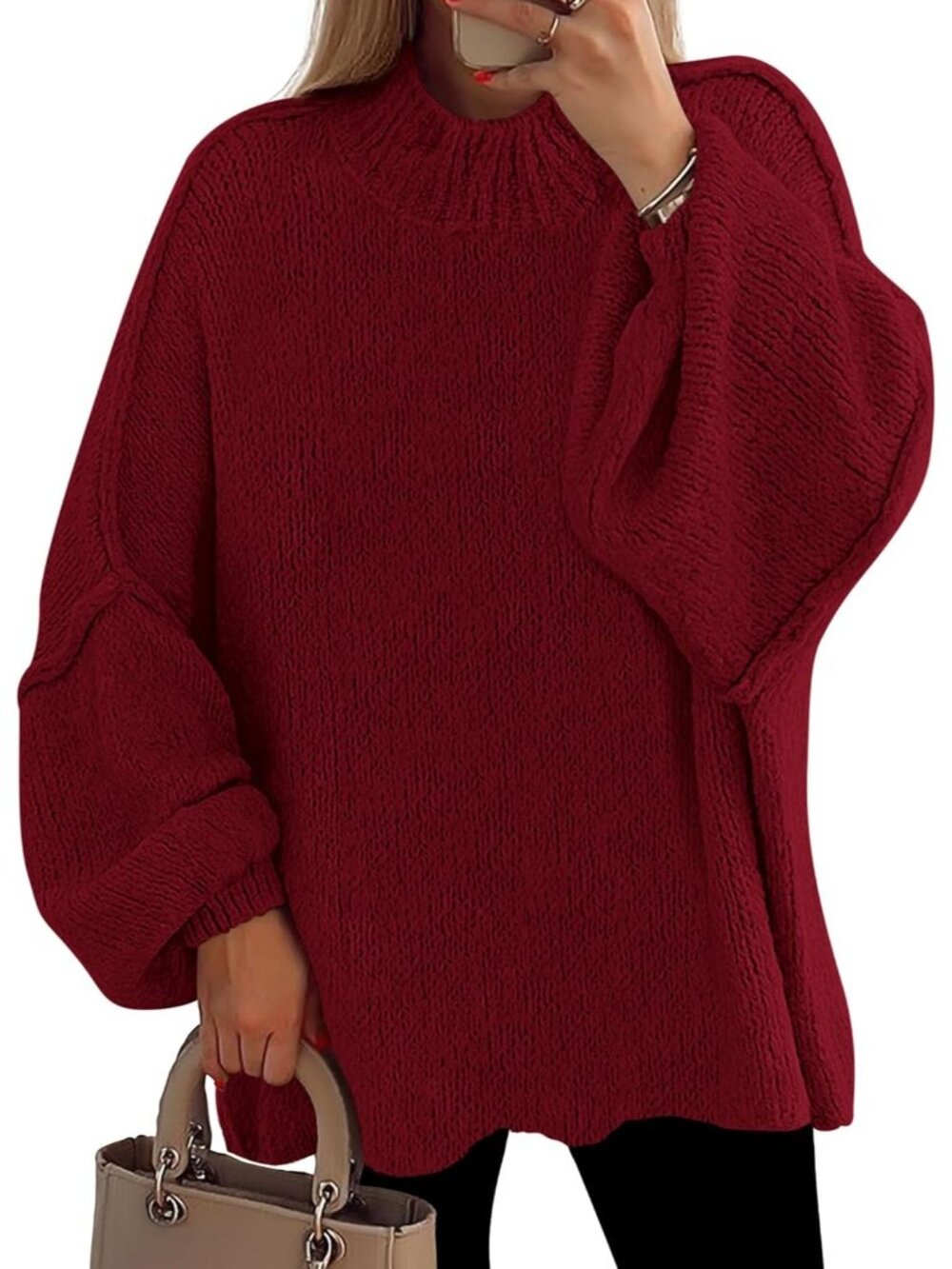 Women Burgundy Oversized Mock Neck Drop Shoulder Chunky Knit Slouchy Sweater